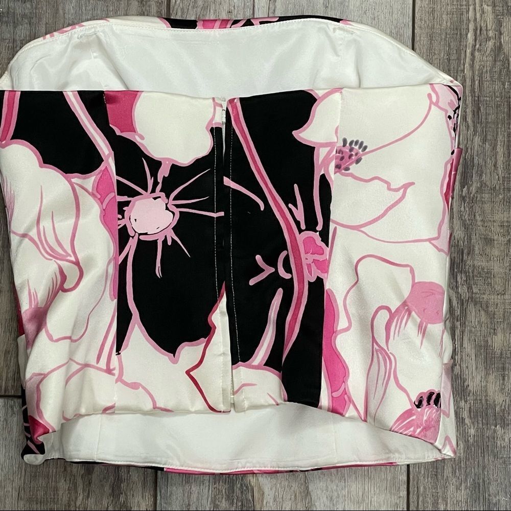 Kay Unger New York Silk Bustier Pink Off-White Black Floral Strapless Top Size 4 - Picture 12 of 16